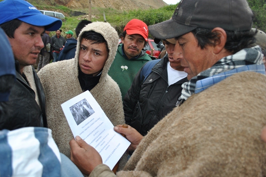  Famers and laborers protesting in Colombia gather to read an official statement.